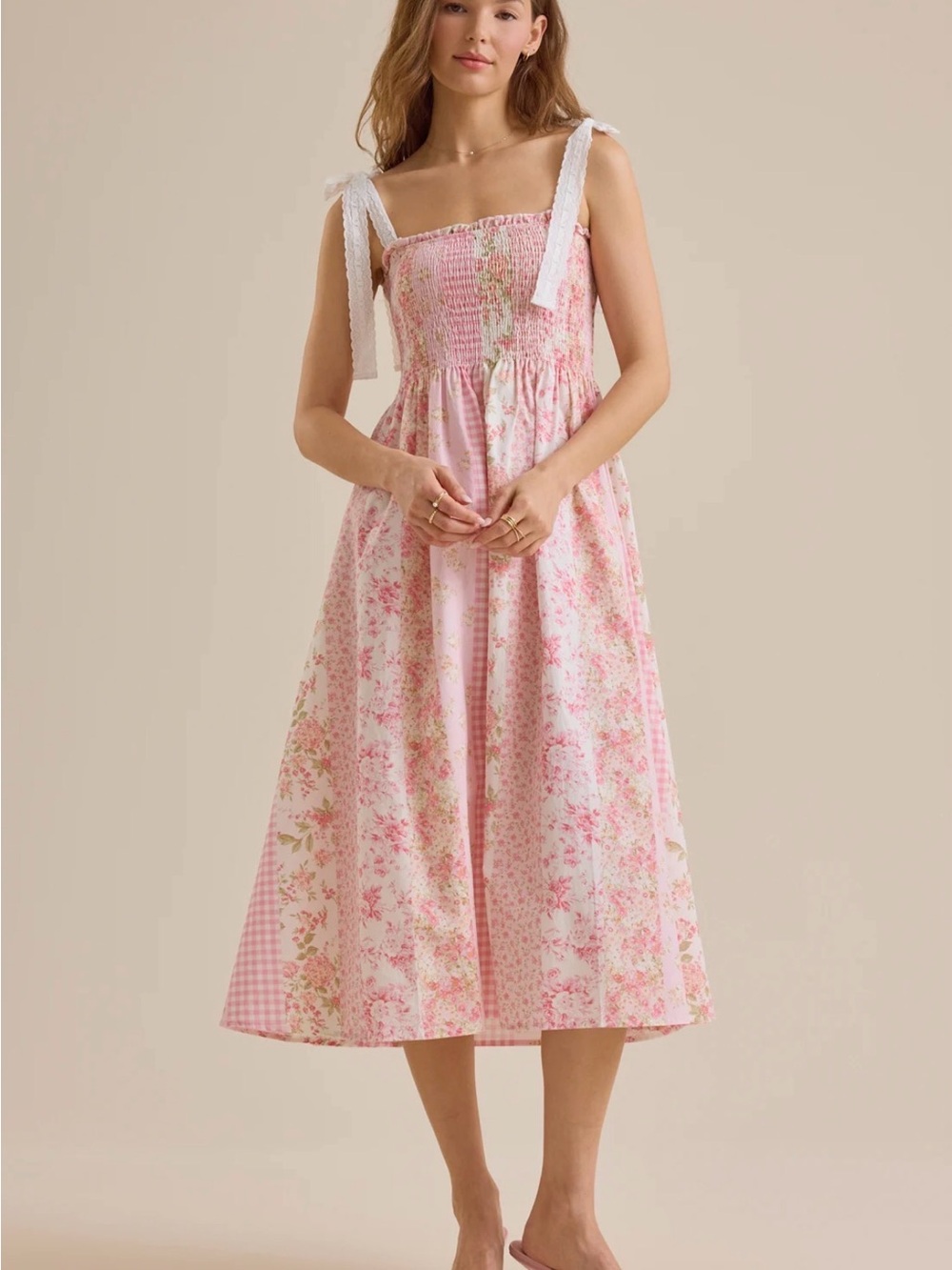 Altar'd State Pink Multi Floral Smocked Dress with Lace Straps